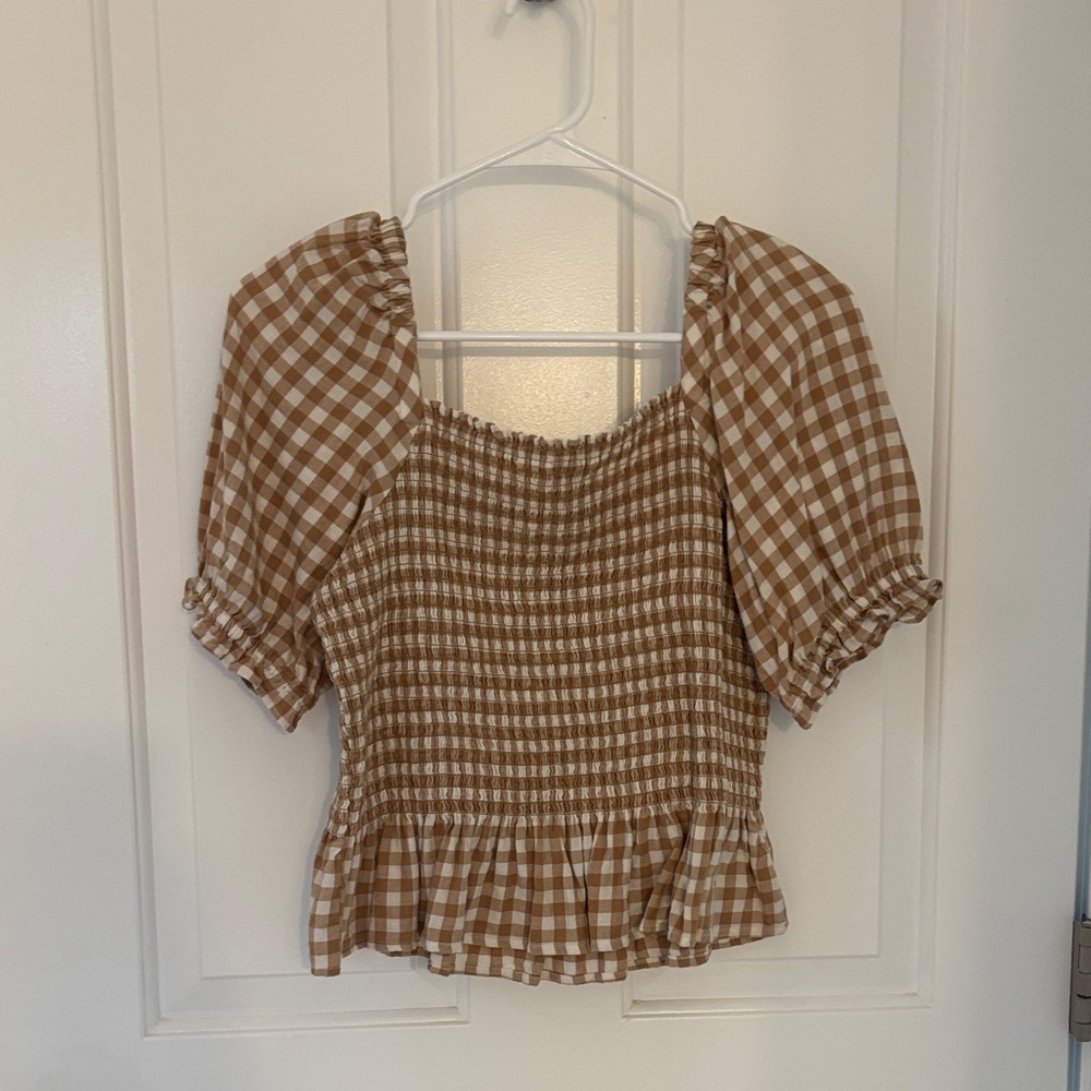 J. Crew Brown Gingham Smocked Blouse